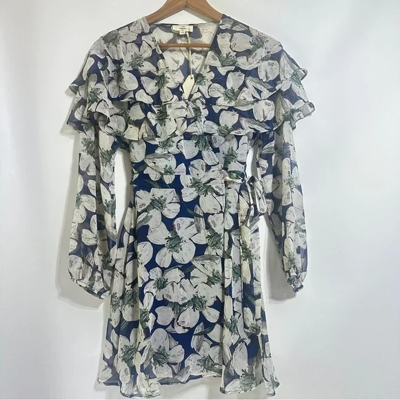 NWT Entro navy white Floral Wrap ruffle chiffon long sleeve Dress small - Picture 2 of 5